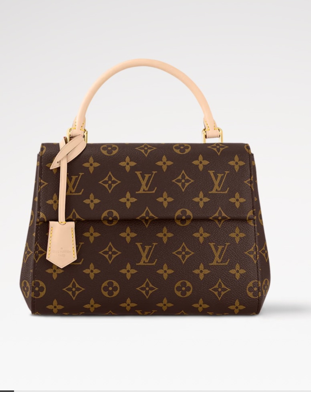Louis Vuitton Cluny BB in classic monogram canvas. Top handle with leather trim.